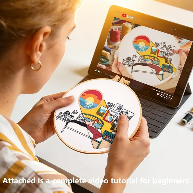 Embroidery Kits for Beginners Adults Sunrise Hand Embroidery Starter Kits, Cross Stitch Kits for Beginners DIY Craft Kits for Adults Women, Entire Set of Embroidery Supplies Full-length Video Tutorial