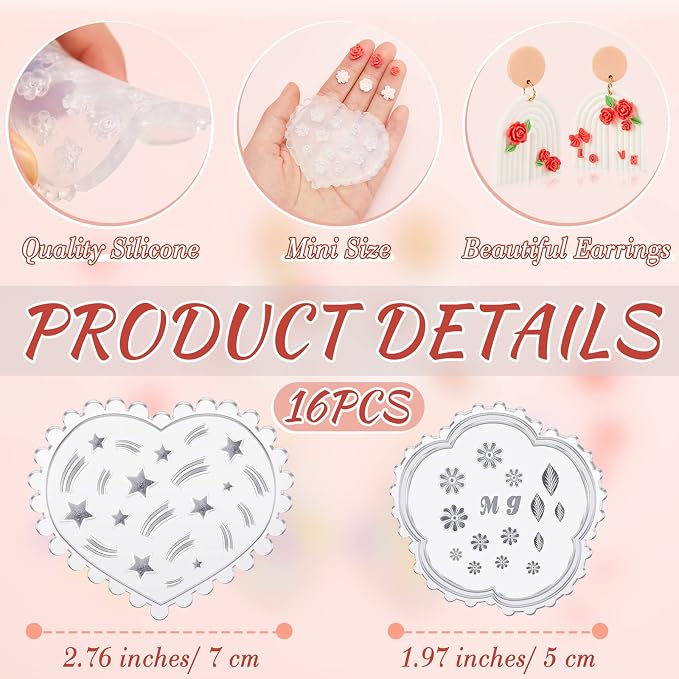 Zeyune 16 Pcs Summer Small Flower Polymer Clay Molds, Mini 3D Silicone Resin Casting Molds for Earring Making Jewelry DIY, Includes Alphabet, Flower, Heart and Bow Shapes(Cameo & Rose)