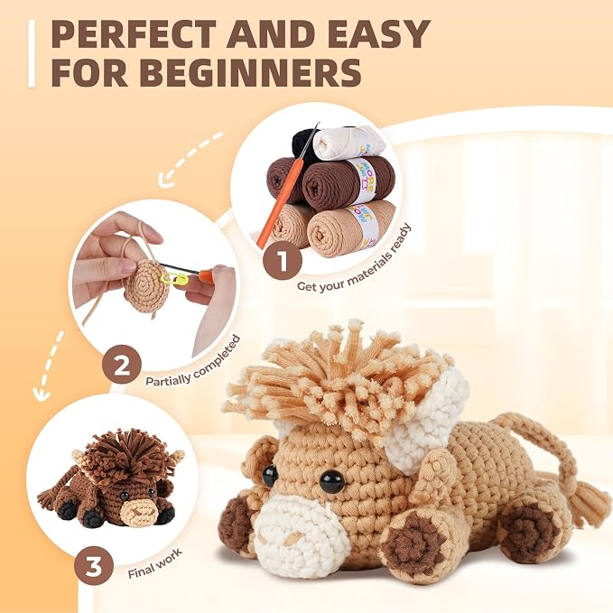 MOREJMTT Crochet kit for Beginners Adults, Learn to Crochet, Include Easy Knitting Soft Yarn, Step-by-Step Video Tutorial, Hook, Holiday Birthday Gift for Adults (Highland Cattle)