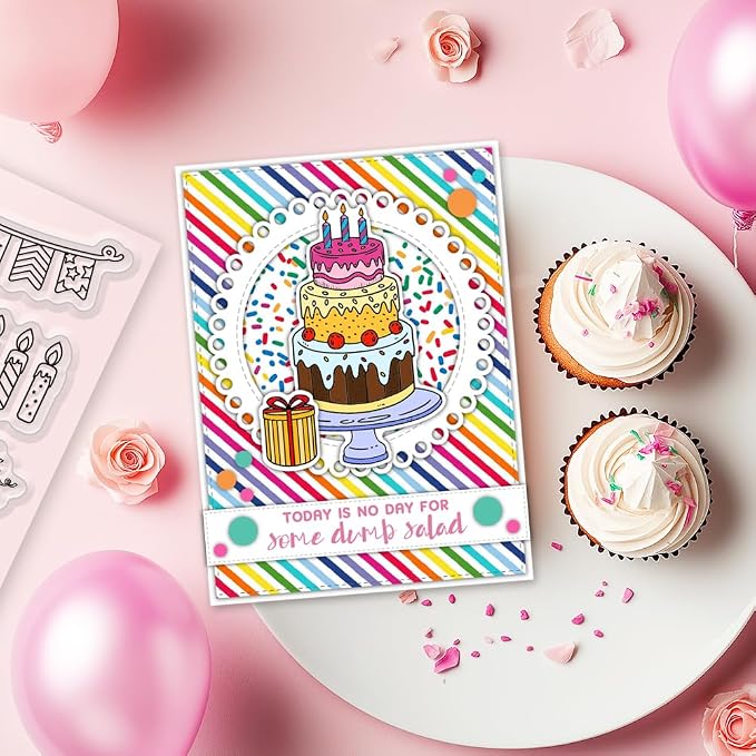 51Pcs Happy Birthday Clear Stamps and Dies for Card Making Metal Cutting Die Sets Birthday Wishes Cake Gift Die Cuts for DIY Crafting Album Paper Scrapbooking