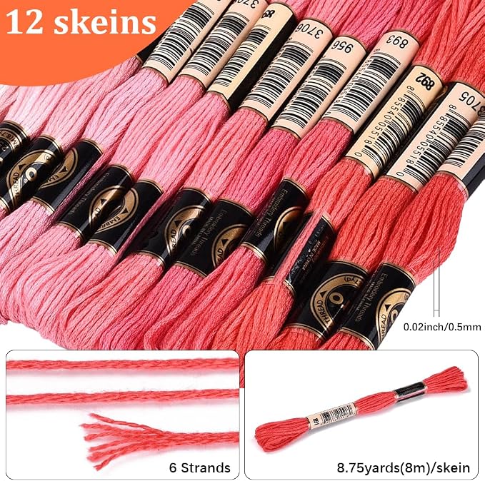 12 Skeins 105 Yards 6 Strands Pink Embroidery Floss Cord Friendship Bracelet String Threads Variegated Gradient Bulk Cross Stitch Thread Yarn Set for Sewing Making Knitting Craft DIY Supply