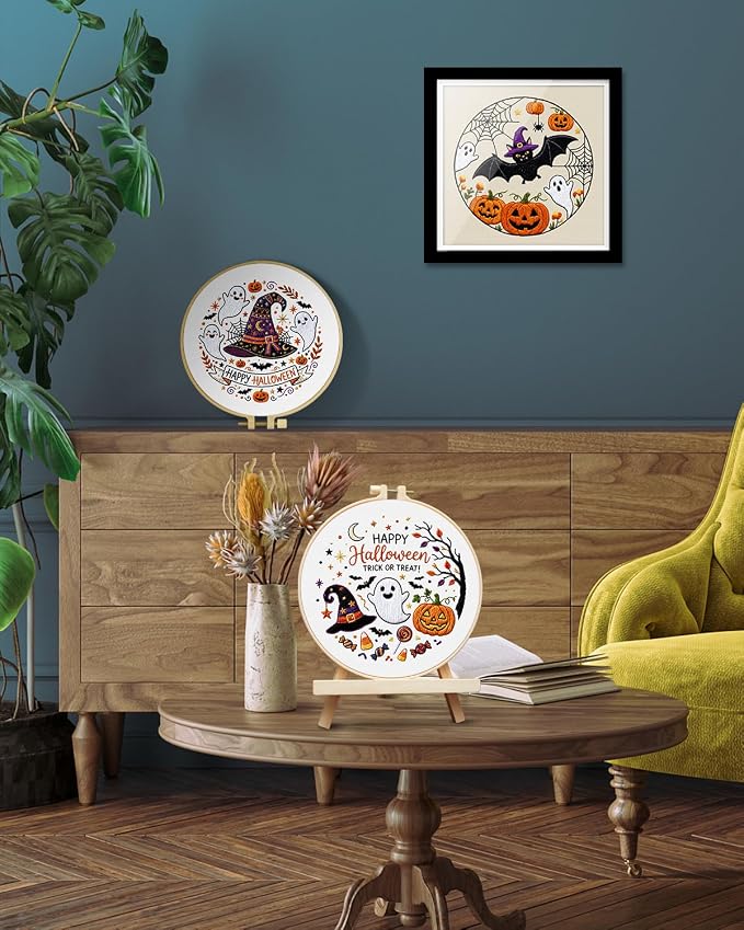 TINDTOP Halloween Embroidery Kit for Adult, 3 Pack Embroidery DIY Starter Kit, with Stamped Patterns, Hoop, Tools, Colorful Threads with Needles, Instructions