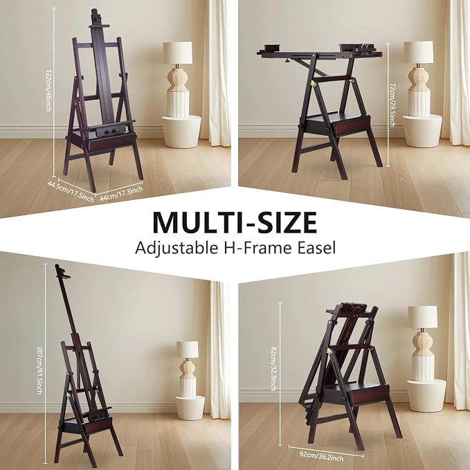 Beech Wood H-Frame Painting Easel with Storage Drawer, Walnut