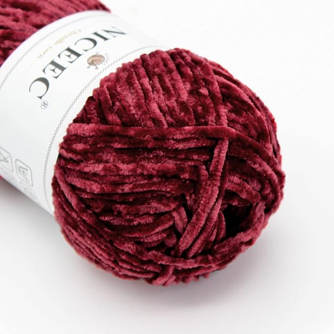 NICEEC 2 Skeins Soft Chenille Yarn 2 x255m (2X 279yds, 3X 150g)_Sauce Red