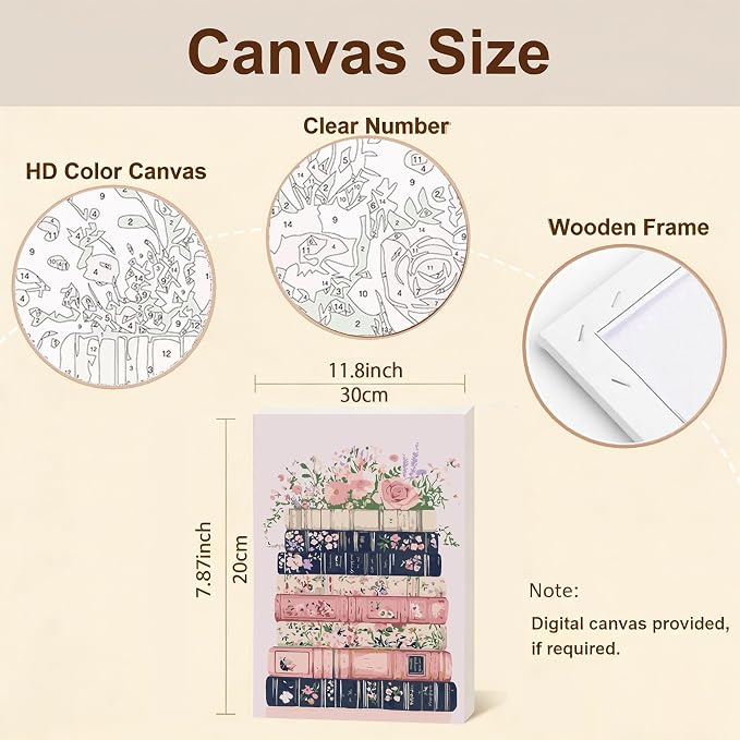Gemozaic Book Framed Paint by Numbers Kit for Adults with Easel, 8x12 in | Floral Books Paint by Number for Adults, Small DIY Acrylic Pink Numbers Painting on Framed Canvas for Home, Wall Decor, Gift