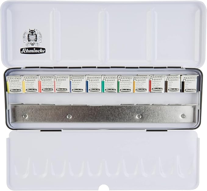 Schmincke - AKADEMIE®AQUARELL watercolor box, basic assortment 12 x 1/2 pans + space for additional 12 pans, 75 412 097, metal box, fine artists' watercolors