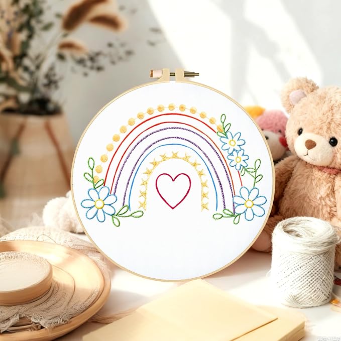 BEUNITONE 6Pcs Easy Embroidery Kit for Adults Beginners, Simple Cross Stitch Starter Set for Beginners, Cute Animal Rainbow Butterfly DIY Craft Activity for Home Decor and Festival Gifts 20x20cm