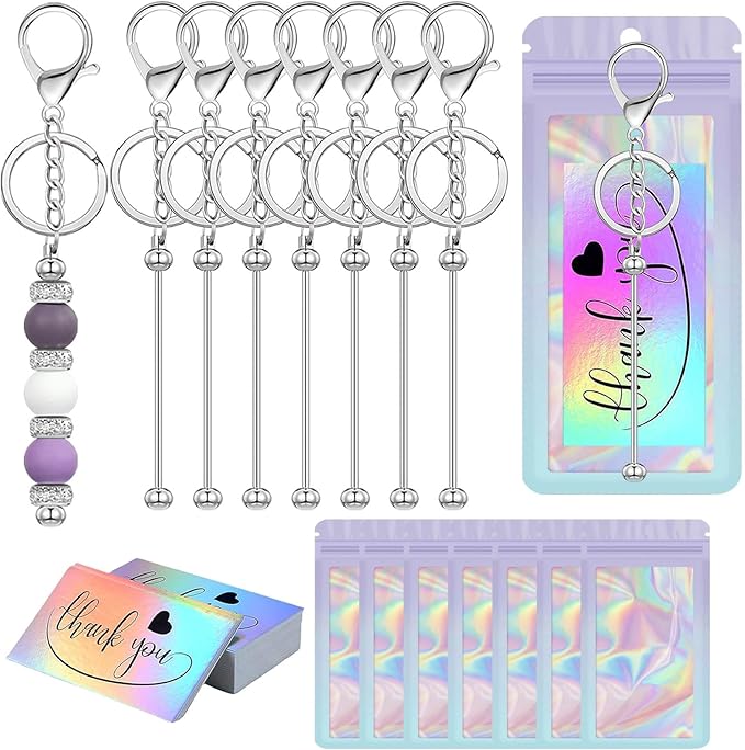 42/84/126 Pcs Beadable Keychain Bars Bulk Blank DIY Beaded Keychain Making Supplies with Bag Thank You Card