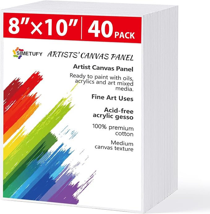 Simetufy 40 Pack Canvas Boards for Painting 8x10in Cotton Canvas Panels | for Oil, Acrylic, Gouache & Watercolor Painting