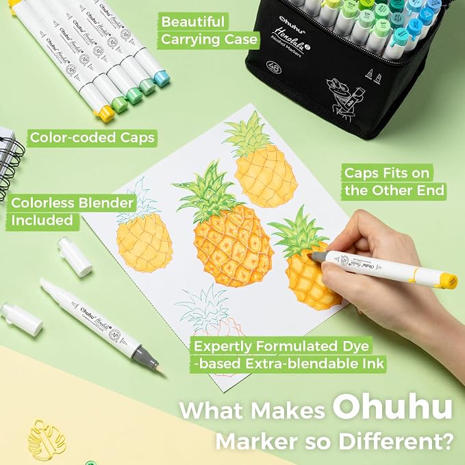 Ohuhu Alcohol Markers Brush& Chisel 48 Colors for Adult Coloring Refillable | AP Certified Art Marker Set, Dual Tips Alcohol-based for Artists Beginners Drawing Illustration Sketching, Honolulu 2