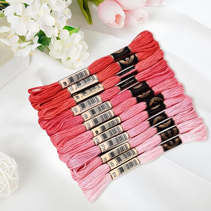 12 Skeins 105 Yards 6 Strands Pink Embroidery Floss Cord Friendship Bracelet String Threads Variegated Gradient Bulk Cross Stitch Thread Yarn Set for Sewing Making Knitting Craft DIY Supply
