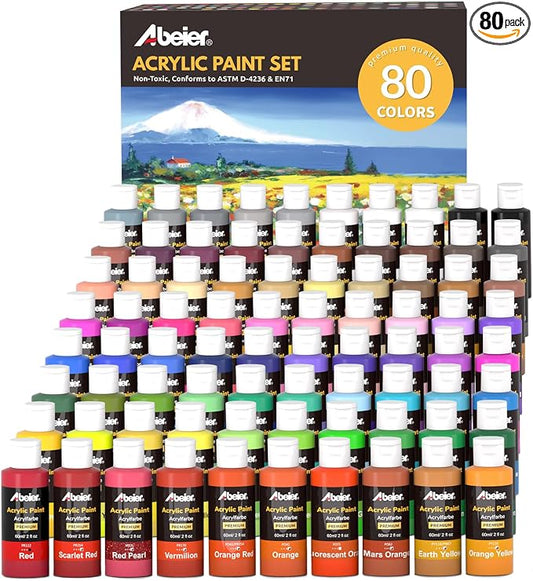 ABEIER Acrylic Paint Set, 80 Colors x 2 oz, Metallic & Fluorescent | Non-toxic, 11 metallic shades, 4 fluorescent shades, matte finish, rich coverage, smooth blending, waterproof when dry