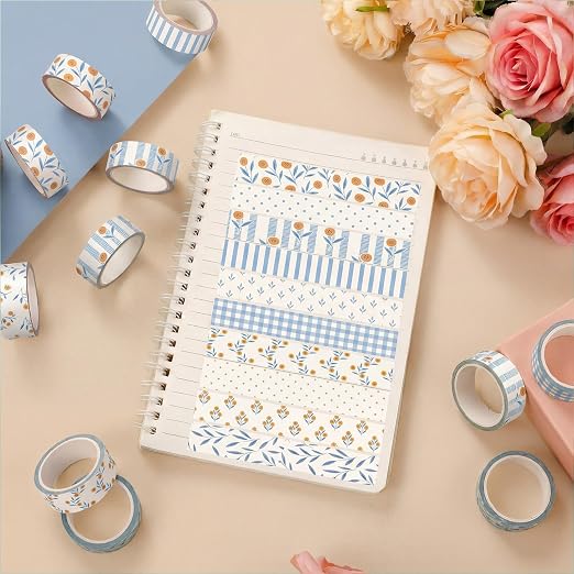 12 Rolls Floral Washi Tape Set,Beige and Blue,Floral Plaid | Watercolor Flowers Design for Scrapbook Journal DIY Craft School Supplies, 15 mm Vintage Decorative Masking Washi Tapes