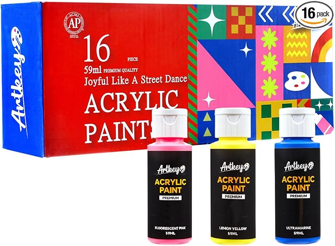 Artkey Acrylic Paint Set, 16 Colors 2 oz/59 ml Acrylic Paint Kit for Professional Artists & Beginners – Memphis Style “Pop Art Colors” Palette for Canvas, Wood, Fabric, Rock, Leather, Ceramic, Glass