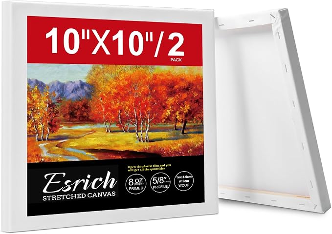 ESRICH 10x10 Stretched Canvas for Painting, 2 Pack Square Canvas for Painting Primed Acid-Free Framed Blank Canvas, Art Canvases for Beginners & Artists to Paint Oil, Acrylic, Pouring Painting.