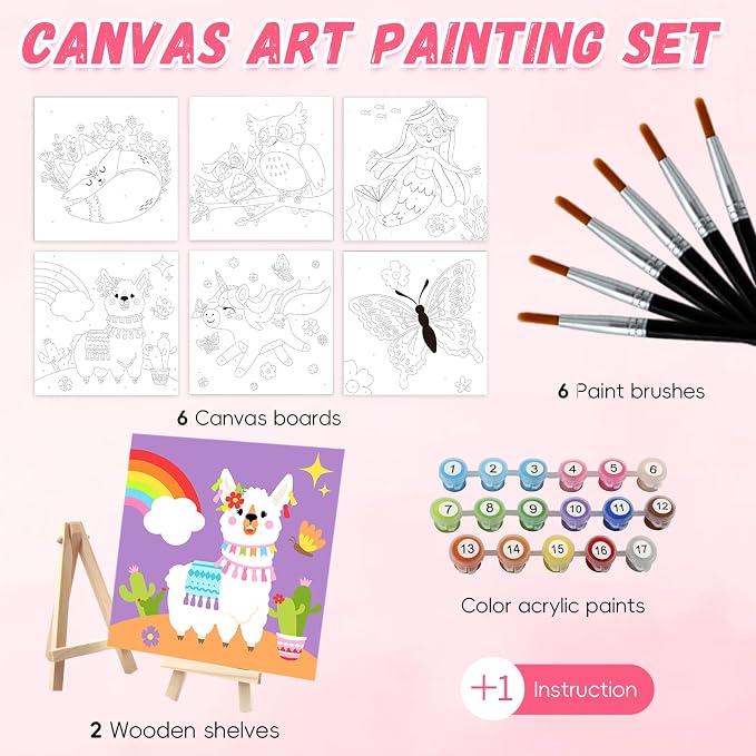 goldentime Kids Paint by Number Kits Including 6 Pre-Drawn Canvas for Painting, 6 Brushes 17 Paints and 2 Easels, Perfect Art Painting Kit, Arts and Crafts Painting for Kids Ages 8-12