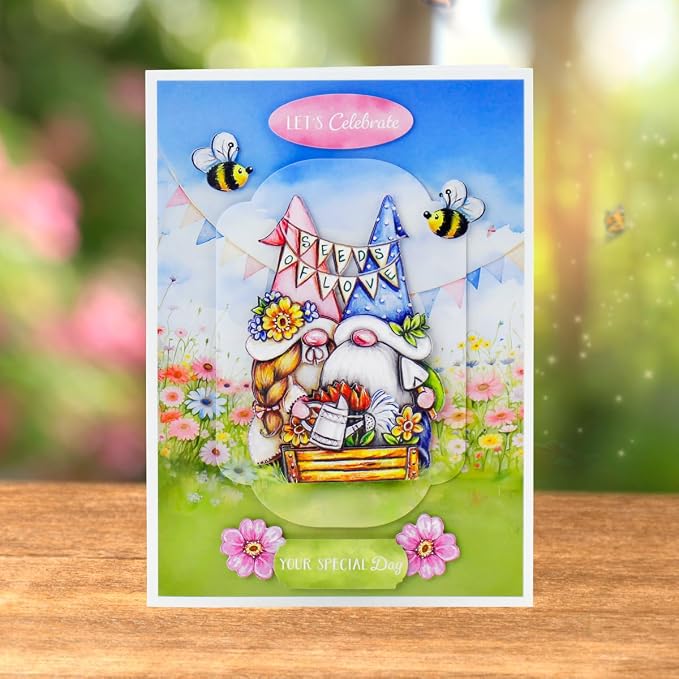 Katy Sue The Garden Gnomes Card Making Kit. Makes 8 Cards at 5 x 7 Inches. Contains Gnome Die-Cut Decoupage, Background Scenes, Cards, Envelopes & Foam Pads for Card Making Supplies. UK-Made.