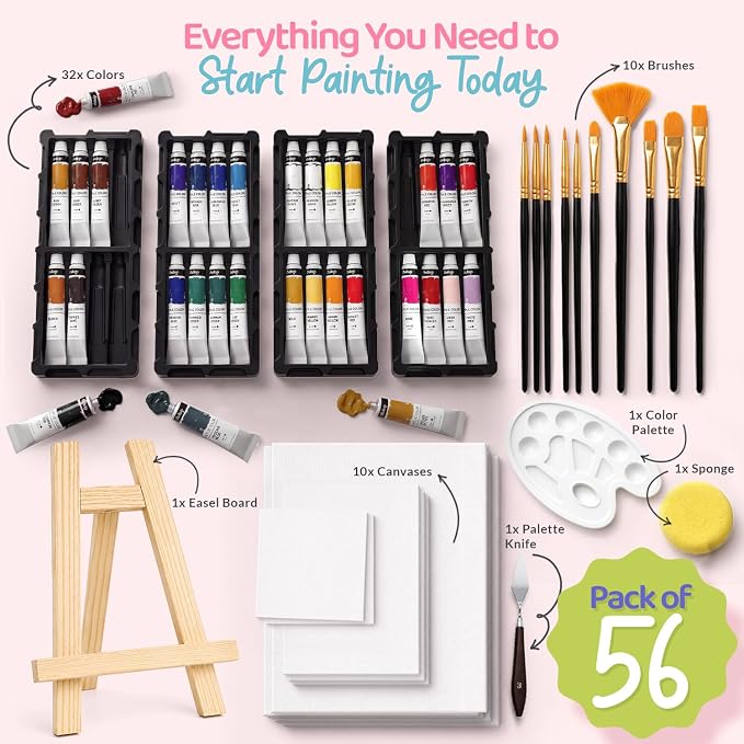 Chalkola Acrylic Paint Set for Adults & Kids - 56 Pcs Canvas Painting Kit with 32 Paints (22ml), 10 Brushes, 10 Canvases, Tabletop Easel, Palette, Knife - Professional Craft & Art Painting Supplies | 32 Acrylic Paints (22ml), 10 Brushes, 10 Canvases, T...