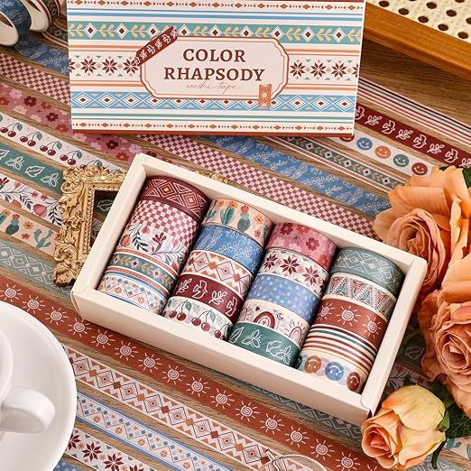 icceemee 20 Rolls Bohemia Theme Washi Tape Set,Writable Decorative Tapes for Scrapbooking, Junk Journal Supplies, Bullet Journaling, 0.6"x79" per Roll