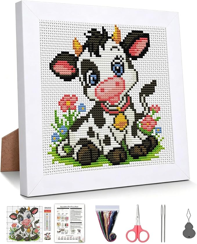 WUSARPLY Cow Stamped Cross Stitch Kits for Beginners Adults with Framed | Flowers and Grasses Needlepoint Counted Cross Stitch Kits for Beginners Adults Embroidery Kits Arts and Crafts 6 x 6 inch