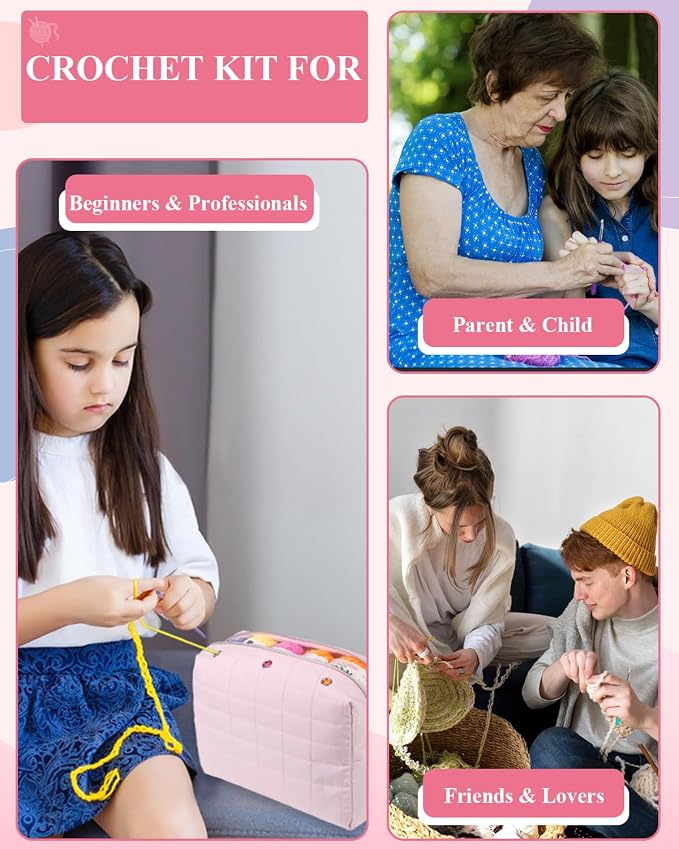 Aeelike Crochet Kit for Beginners Adults, Complete Yarn Kit, Pink | 87 PCS Crochet Kits for Beginners All-inclusive Crochet Set with Yarns Hooks Step-By-Step Instruction Storage Bag, Ideal Gift