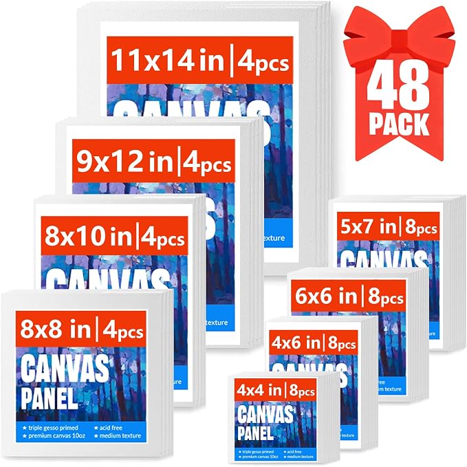 Canvas Boards for Painting, 48pcs Multi-Size Paint Canvas Art Supplies Gift | 4x4 4x6 6x6 5x7 8x8 8x10 9x12 11x14 Blank Canvases, Primed Acid-Free 100% Cotton for Acrylic, Oil, Watercolor