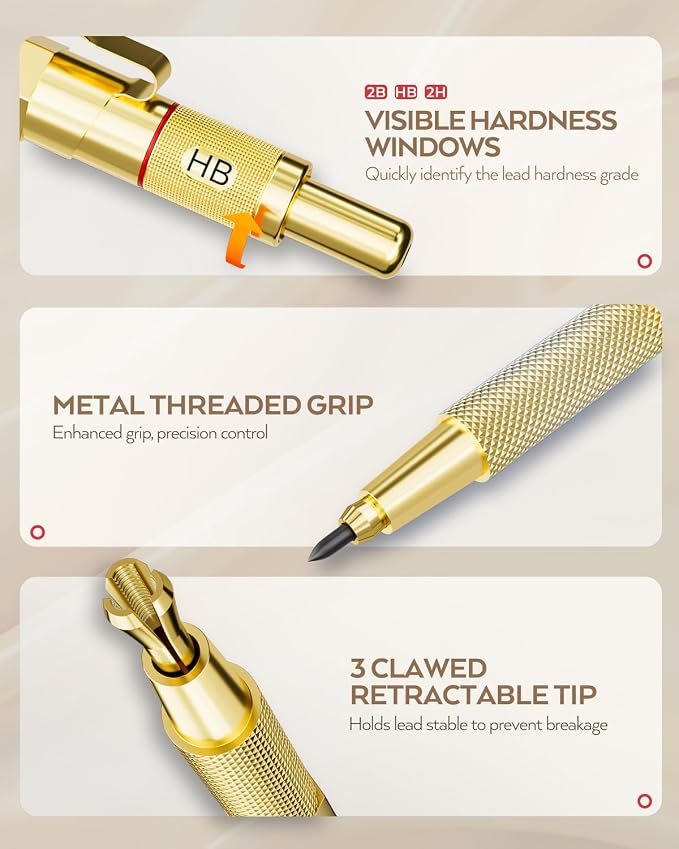 Nicpro Gold Art Mechanical Pencil Set | Metal Drafting Pencil 0.5, 0.7, 0.9mm & 2mm Lead Holder(2B HB 2H) For Sketching Drawing With Lead Refills Case