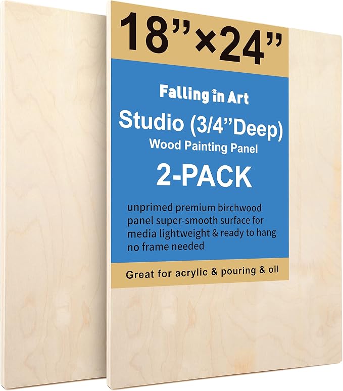 Falling in Art 2 Pack 18x24 Unfinished Birch Wood Panels Kit for Painting | Studio 3/4’’ Deep Wood Canvas, Cradle Boards for Acrylic Pouring, Art, Crafts, Epoxy Resin, Laser Engraving Cutting