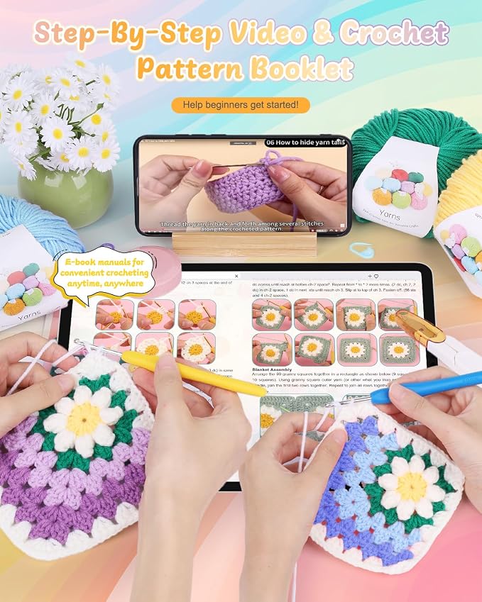 Coopay Crochet Kit for Beginners, Easy 3D Granny Square Blanket Kit, Blue