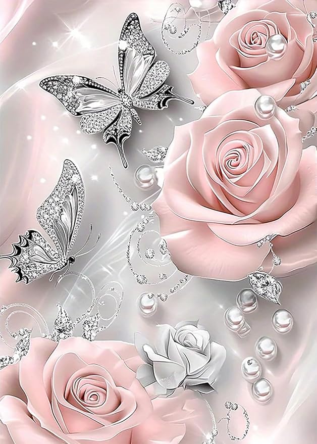 5D Diamond Painting Kits for Adults, Butterfly Rose Flower Diamond Art Kits | DIY Full Drill Diamond Dot Gem Painting for Home Wall Decor 12x16inch