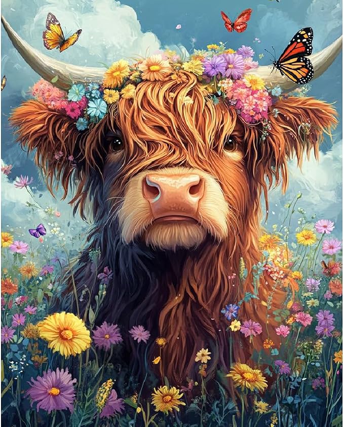 Canrichshop Highland Cow Paint by Numbers Kit for Adults,Cow Painting by Numbers,DIY Acrylic Paint Kit for Adults Without Frame,Easy Adult Paint by Number Kits on Canvas for Decor 16x20inch