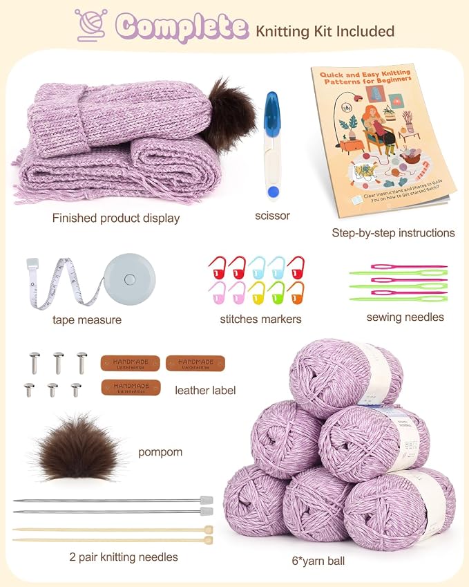 Katech Knitting Kit for Beginners Adults-Beginners Knitting Kit for Kids | Learn to Knit Kits for Adult Beginner Kids w/Step-by-Step Instruction-Complete Hat Scarf Gloves Knitting Starter Kit