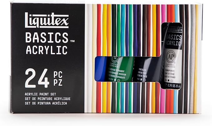 Liquitex BASICS Acrylic Paint Set, 24 x 22ml (0.74-oz) Tube Paint Set | Medium Viscosity, Satin Finish, Lightfast, Fine Art Pigments, Range of Opacities, Easy Blending