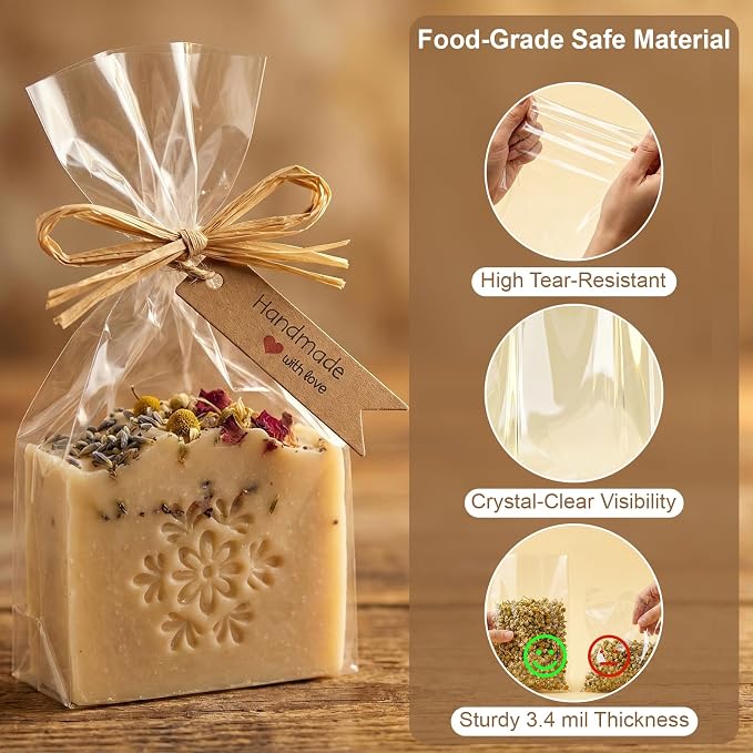 100 Pcs Clear Cellophane Bags 4.7x7" with Raffia Rope & Handmade with Love Tags for Packaging Soap Cookies Candy, Goodie Bag Wrappers for Wedding Christmas Craft Gift Birthday Party Baking Favor Supplies (Brown Tags)