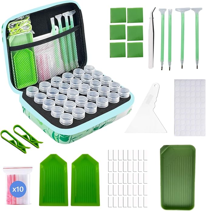 30 Slot Diamond Painting Storage Containers | Green 30-slot storage box with tools & accessories for diamond art
