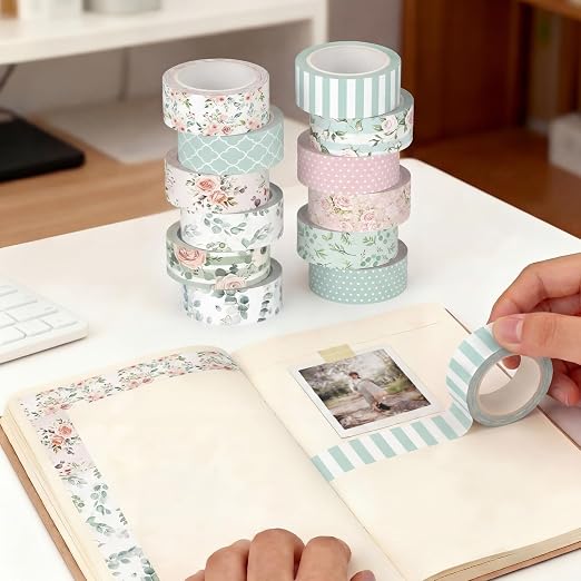 12 Rolls Floral Washi Tape Set,Pink and Green,Spring | Watercolor Flowers Design for Scrapbook Journal DIY Craft School Supplies, 15 mm Vintage Decorative Masking Washi Tapes