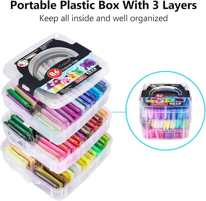 CiaraQ 86-Color Polymer Clay Oven Bake Modeling Kit | 14 sculpting tools, 3-layer storage box, silicone mold, acc. pack, guide. Great for school, home, gifts, kids & artists.
