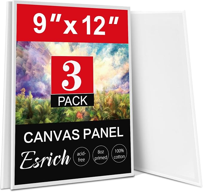 ESRICH Canvas Boards for Painting, 3 Pack 9x12 Canvases for Painting Cotton Primed Acid Free Blank Canvas Panels for Oil Paint, Watercolor, Acrylic Paint, Gouache and Tempera.