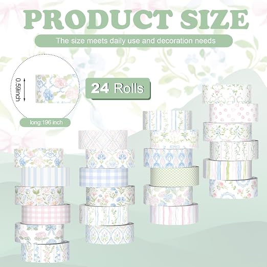Gueevin 24 Rolls Floral Washi Tapes Set Scrapbook Supplies, Flower and Bows | 15 mm Watercolor Flower Washi Tapes, Back to School DIY Craft Arts, Junk Journaling Planner Gift Wrapping Supplies