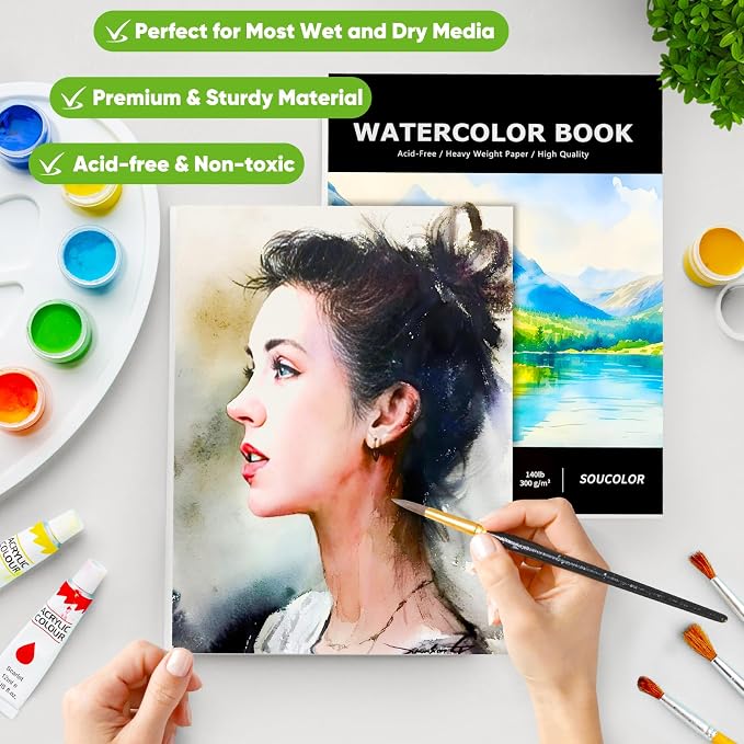 Soucolor Watercolor Paper Pad 9x12 140lb Cold Press 40 Sheets Art Supplies | Professional Wet Techniques Water Color Paper,140lb/300gsm Artist Painting Book texture,Acid-free archival quality