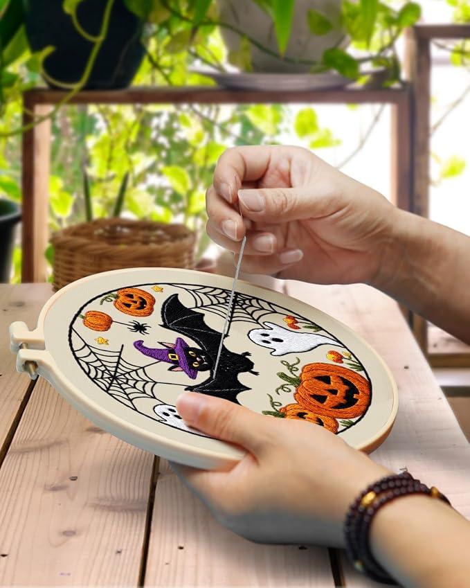 TINDTOP Halloween Embroidery Kit for Adult, 3 Pack Embroidery DIY Starter Kit, with Stamped Patterns, Hoop, Tools, Colorful Threads with Needles, Instructions