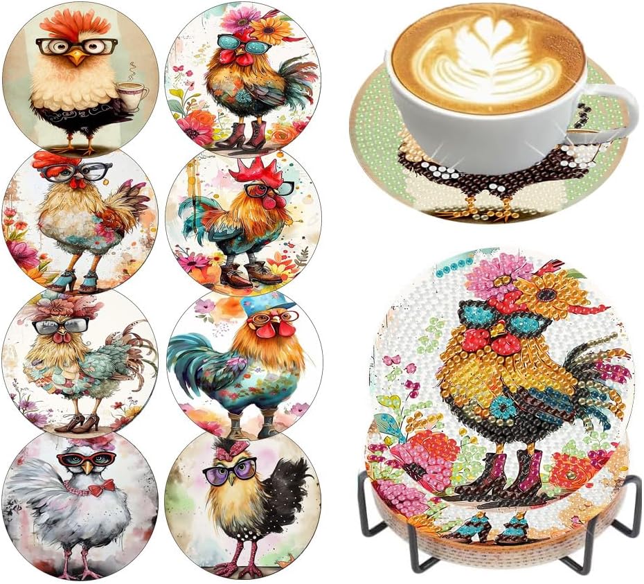 Diamond Art Coasters Kit, 8 Pieces Chicken Diamond Painting Coasters Kit