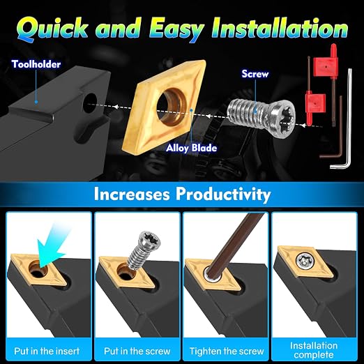 Indexable Lathe Turning Tool 21Pcs Kit 1/2'' 12mm Shank 7Pcs Carbide Turning Tool Holders with 14Pcs Tin Coated Turning Inserts Metal Lathe Tool Holder Set for Turning Grooving Threading Boring