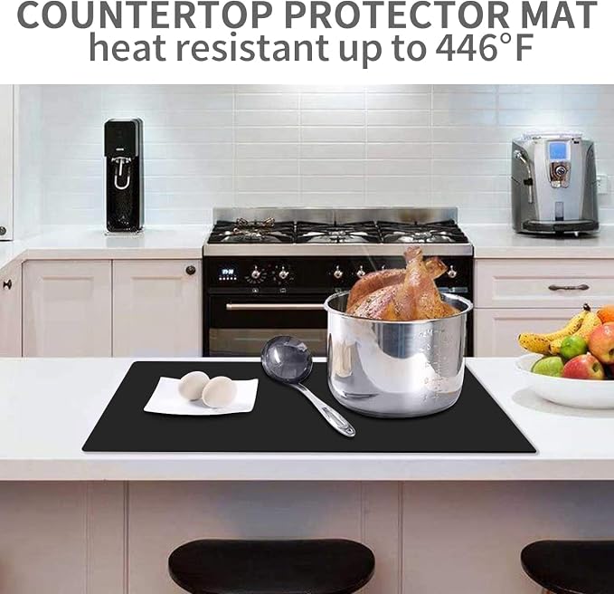 Large Silicone Mats for Kitchen Counter, 27.6 x 16'' Countertop Protector Mat Heat Resistant Mat for Air Fryer, Non-Slip Table Placemat for Kids, Nonstick Black Silicone Mat for Baking Pastry, 1Pcs