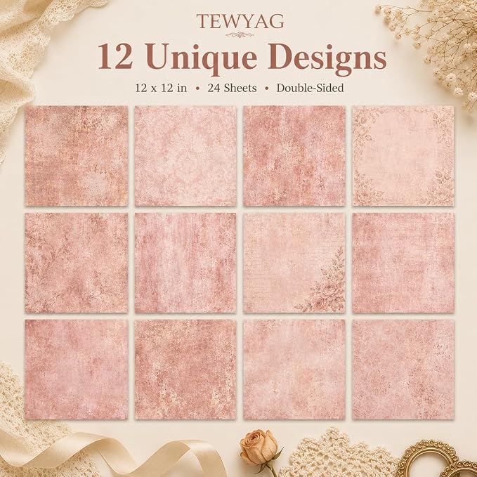 Vintage Scrapbook Paper Double Sided 12x12 Distressed Rose Gold 24 Sheets