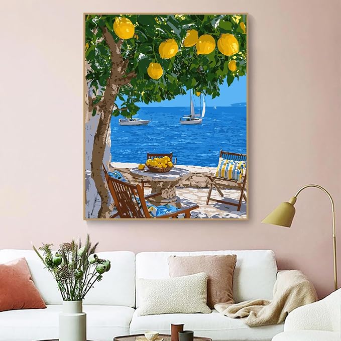 ZRIZQ Landscape Paint by Numbers Kit for Adults Beginner,Lemon Tree,16x20 | Full set with rich paints,wooden brushes,rolled canvas.Calming activity.Beginner friendly.Just open and paint.