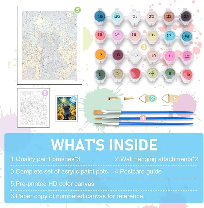 Paint by Numbers Kit for Adults, Sunflowers Black Cat Canvas Painting Set | 16x20 Inch, DIY Acrylic Number Painting Craft Kit for Adults Beginners, Home Wall Decor, Stress Relief Relaxing Hobby Gift