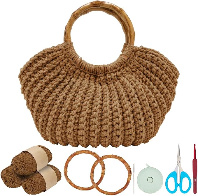 ACRNIGHEET Crochet Bag Kit for Adults Caramel Colored Handbag Crochet Kit for Beginners Knitting Purse Starters Set DIY Craft Making Kit with Step-by-Step Instructions and Video Guidance