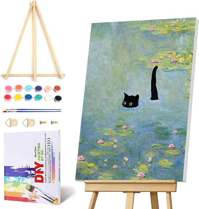 VIGEGU Black Cat Pond Paint by Numbers Kit for Adults with Framed | Paint by Number with Wooden Easel DIY Nice Box Acrylic Oil Painting,for Wall Decor 8x12inch