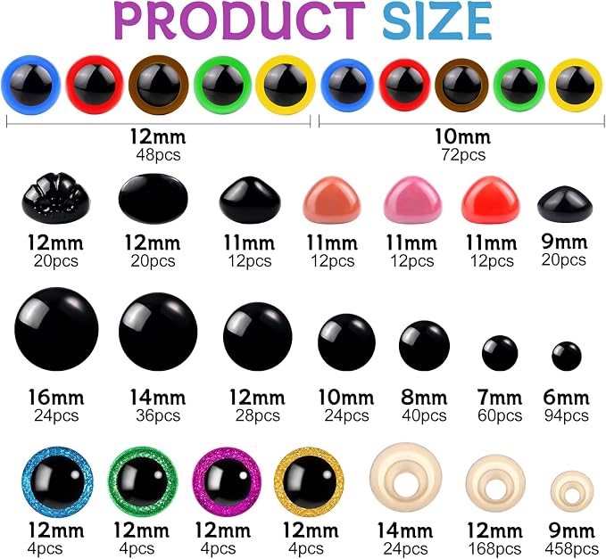 Fulasiteu 1100PCS Safety Eyes and Noses, Amigurumi Safety Eyes for Crocheting, Colorful Doll Crochet Eyes with Washers for Plush Animal, Crochet Toy, Stuffed Doll and Teddy Bear (Various Sizes)